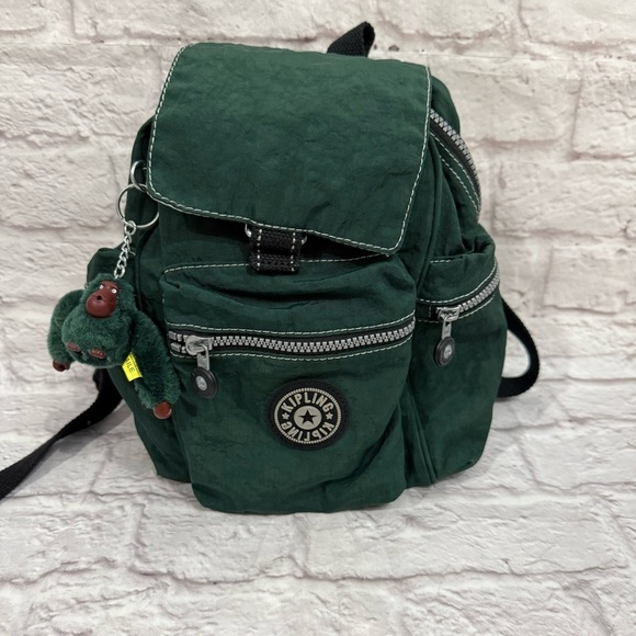 VINTAGE KIPLING MINI NYLON BACKPACK rare forest green with monkey attached - Picture 1 of 8